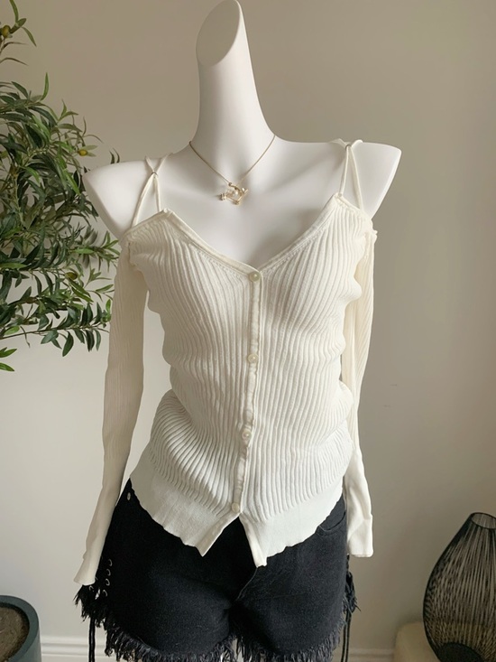 Sweaters - White Off Shoulder Knit Cardigan Top Spaghetti Strap Ribbed XS